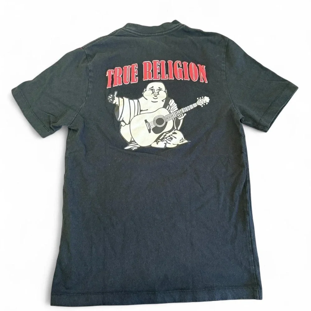 True Religion Black Graphic Tee, Red Horseshoe & Buddha Guitar - Small